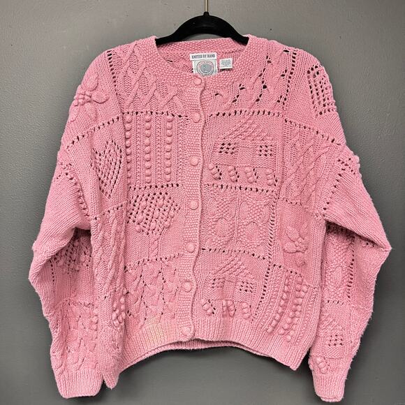 Vintage Sweaters - Vintage XL women's cropped hand knit cardigan Cape Isle Knitters pink mauve READ